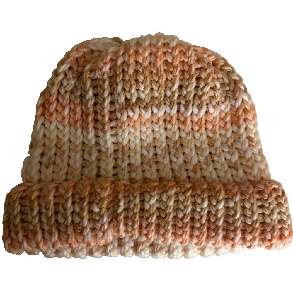 Handmade Knit Beanie Hat Pink White Brown Winter Warm Cozy